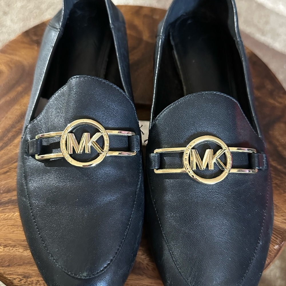 Michael Kors Black Leather Loafers with Gold Emblem